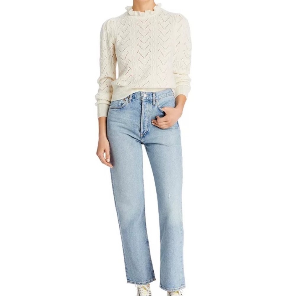 AQUA Cashmere Ruffled Turtleneck Sweater Ivory 100% Cashmere Large